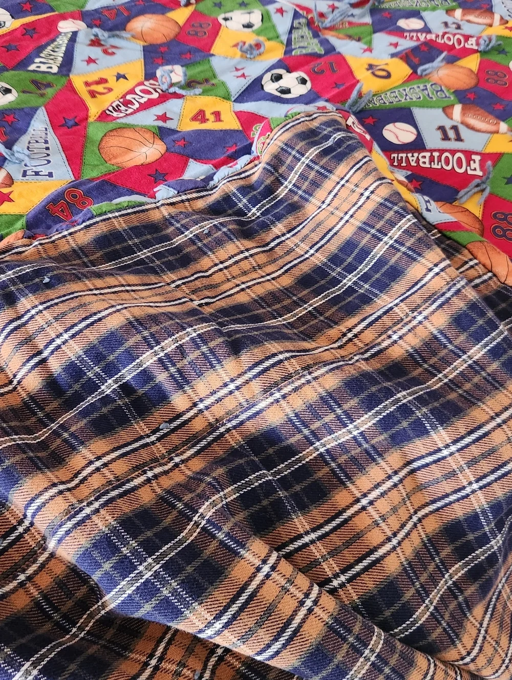 HANDMADE Quilt Twin Sports Football Soccer Boys Cotton Plaid Flannel Back Tied